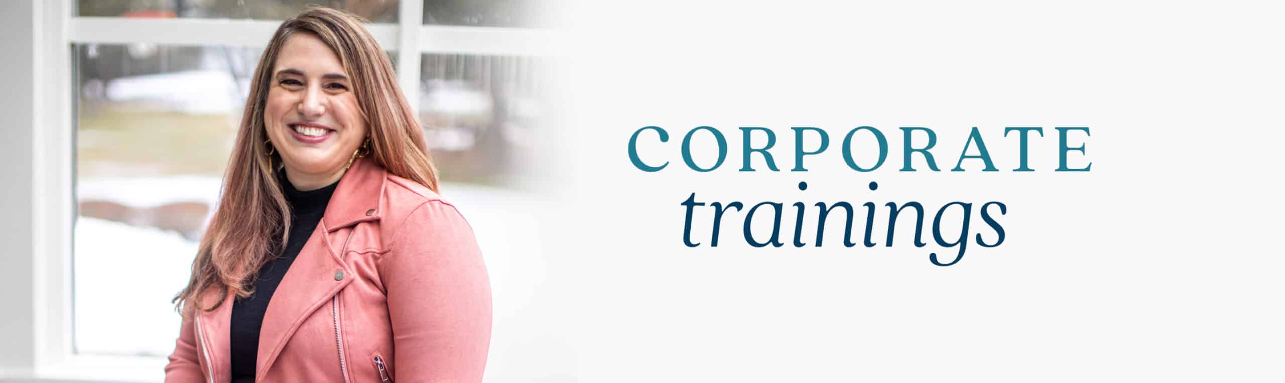 The lead master the media instructor wearing a pink jacket and smiling, next to text that says corporate trainings.